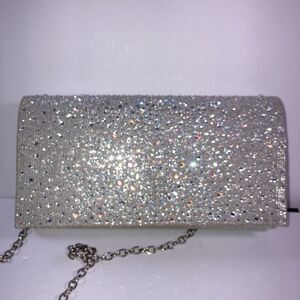 Jessica McClintock Silver Rhinestone Evening Clutch Bag Chain Shoulder Strap